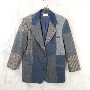 Vintage Charles Klein Blazer Women 8 Patchwork Wool Tweed Suede Collar Academia